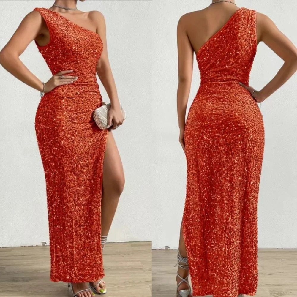 Luxe blue one shoulder slit thigh party formal evening sequins dress - Picture 10 of 16